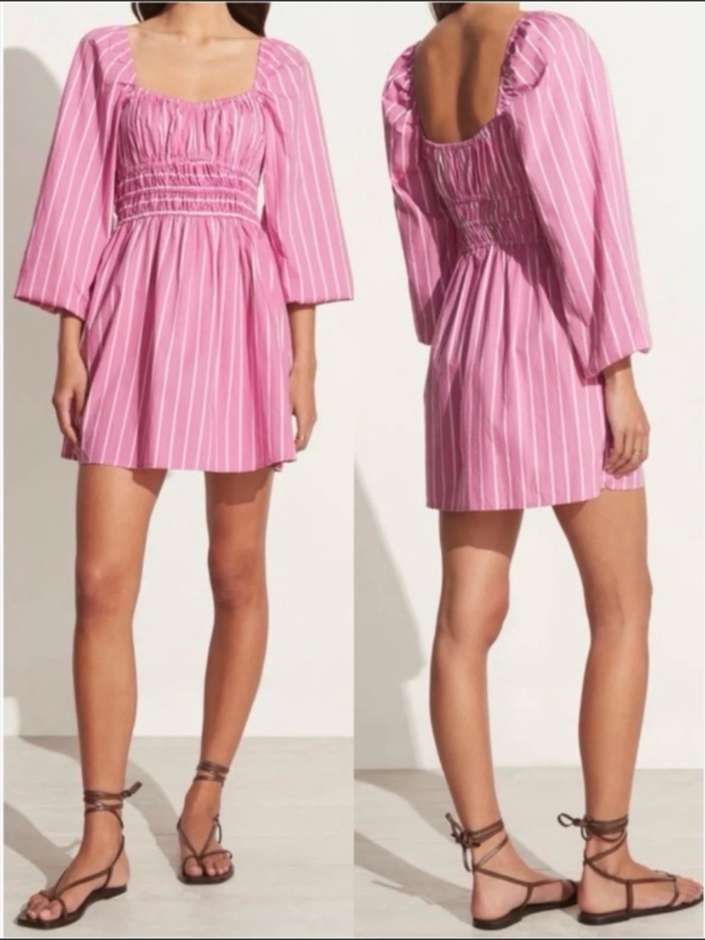 Faithfull the Brand Pink and White Long Sleeve Smocked Waist Dress